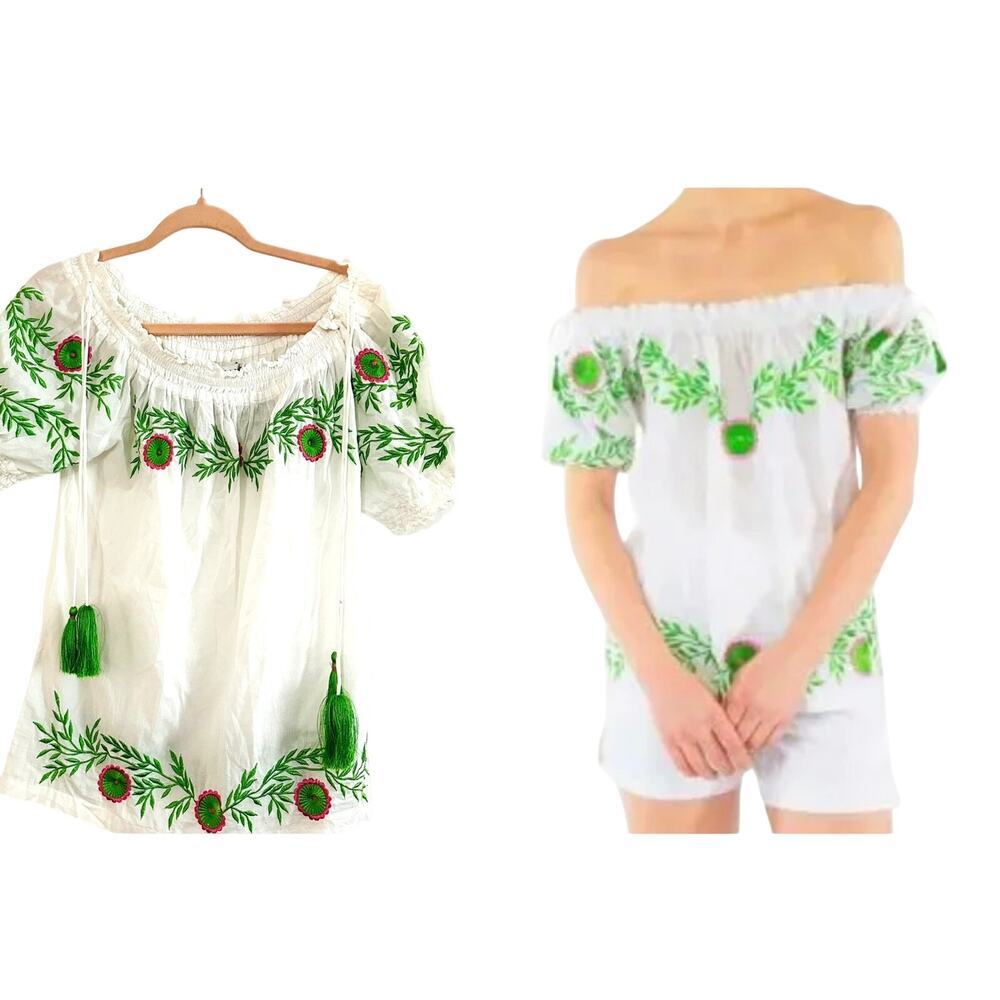 GRETCHEN SCOTT Designs Garden Party Embroidered Floral Tassel Top Shirt - XS